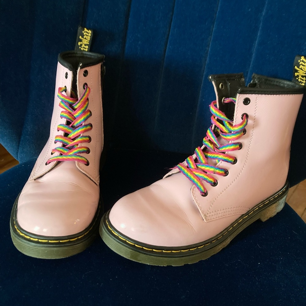 Dr. Martens Pink Kids Boots with Rainbow Laces